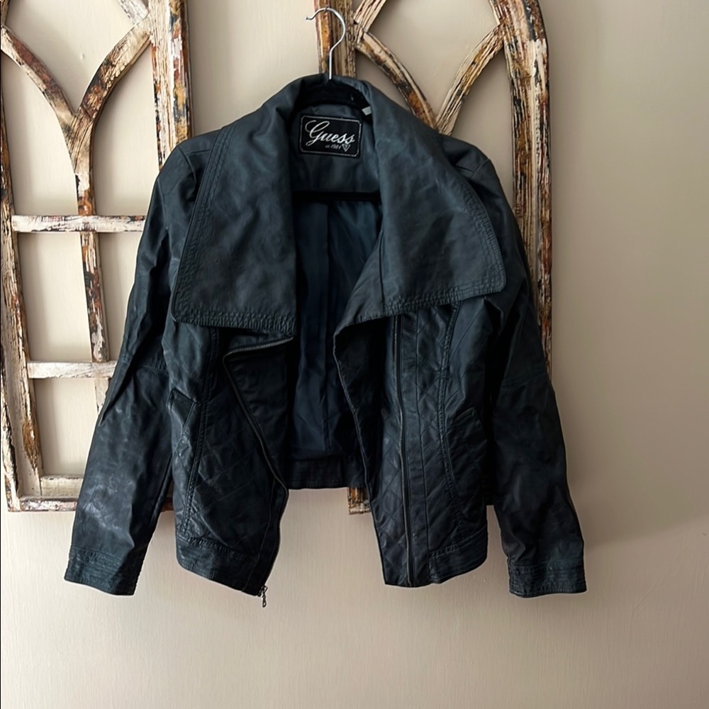 Black Leather Jacket with Waterfall Front and Cropped Length